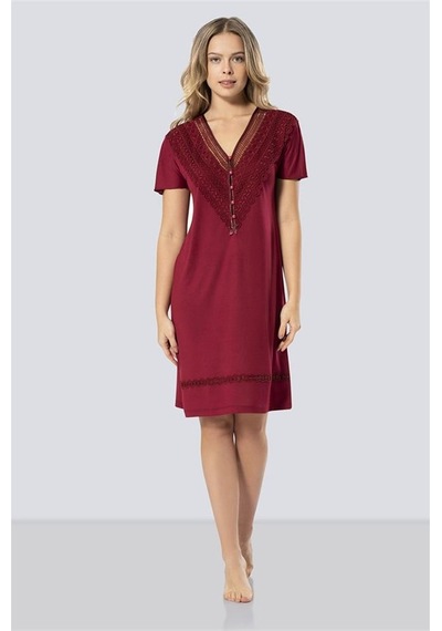 Türen 3282 Güpürlü V Yaka Gecelik - Bordo Bordo