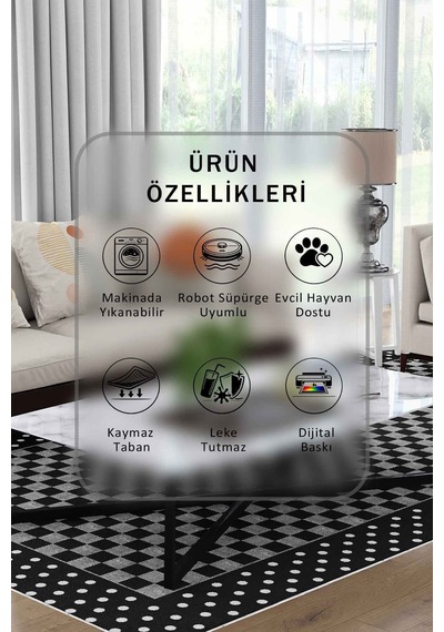 Yıkanabilir Kaymaz Taban Dijital Baskılı Halı Ve Yolluk Leke Tutmaz Salon & Mutfak Halısı - 0535 Siyah