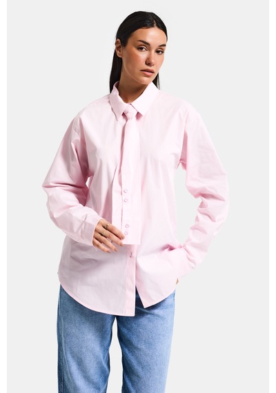 Itsbasic Kadın Pembe Oversize Kravat Detaylı Özel Tasarım Bol Kesim Gömlek