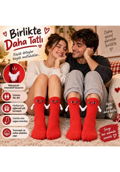 Womanandkids Wak Mıknatıslı El Ele Unisex Tutuşan Sevimli Çorap 36-44 Çift Hediyesi, Pamuklu Renkli Crew Model Kırmızı