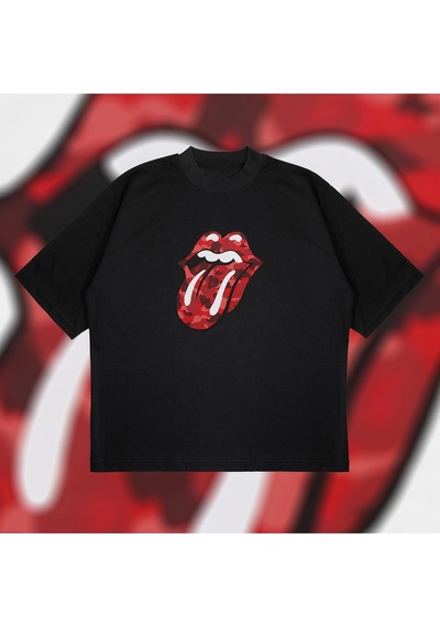 Tarzsokak A Bathing Ape X Rolling Stones Red Boxy Fit Oversize Unisex Tshirt Baskılı Tişör Siyah Tarzsokak A Bathing Ape X Rolling Stones Red Boxy Fit Oversize Unisex Tshirt Baskılı Tişör Siyah