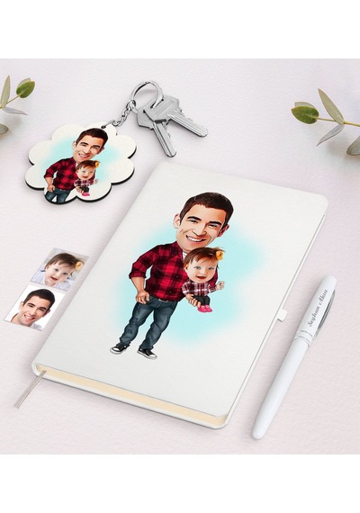 Kişiye Özel Baba Kız Karikatürlü Beyaz Defter Kalem Ve Anahtarlık N11.4513