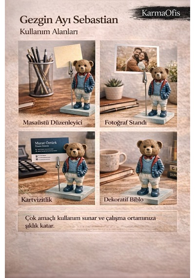Gezgin Ayı Sebastian Not Tutucu & Fotoğraf Standı Dekoratif Masaüstü Organizer El Boyaması Biblo