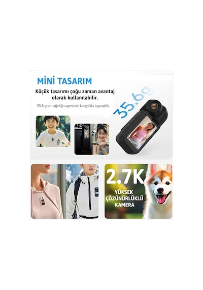 Robeve Mini Taşınabilir Aksiyon Kamera 2.7k Ultra Hd Video 180 Döner Lens Wi-fi Bağlantılı 1.47 Hd Ekran Siyah