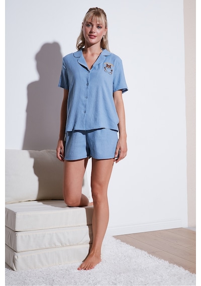 Lela Gömlek Yaka Beli Lastikli Kısa Kollu Şortlu Bayan Pijama Takımı 611Pt00065 Indigo