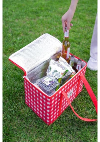 Büyük Boy Termo Lüks Kırmızı Piknik Çantası Yalıtımlı Plaj Çantası Ve Kamp Çantası 35 X 20 X 20 Cm
