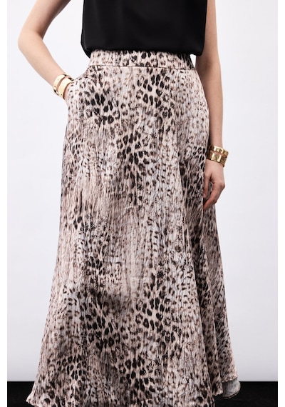 Sateen Leopar Desenli Uzun Etek - Kahve-136780 Kahve