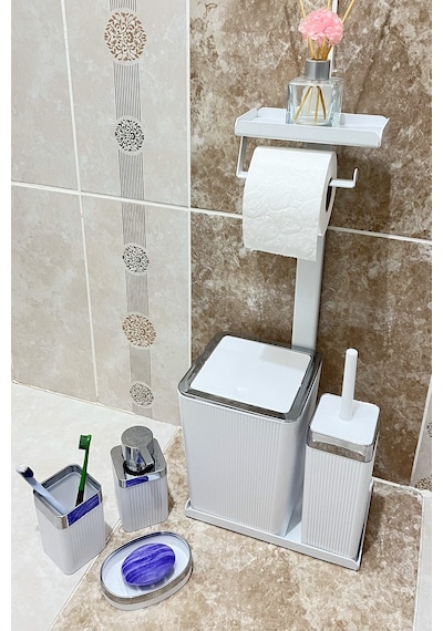 6 Parça Banyo Seti Çöp Kovası, Wc Fırça, Tuvalet Kağıtlık, Diş Fırçalık, Sıvı Sabunluk, Sabunluk Beyaz - Krom