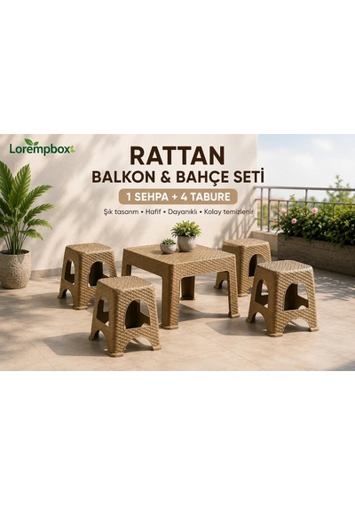 Lorempbox Rattan Balkon & Bahçe Seti 5 Parça 1 Sehpa + 4 Tabure Bej Diğer