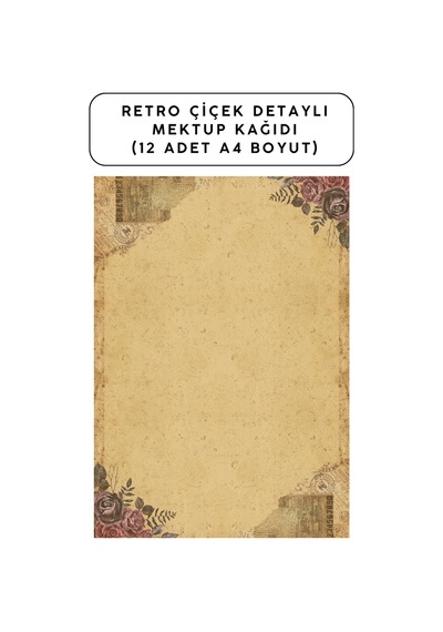 Retro Çiçek Detaylı Mektup Kağıdı 12 Adet A4 Boyut