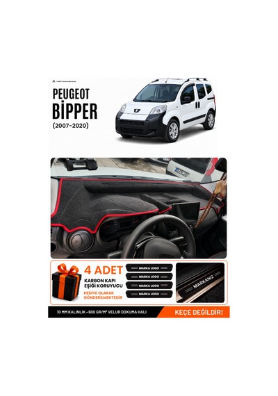 Peugeot Bipper Tam Kapalı 2007-2020 Uyumlu Torpido Örtüsü, Torpido Kılıfı - Siyah Kırmızı