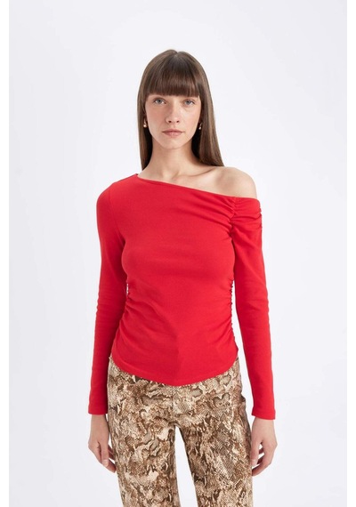 Defacto Kırmızı Slim Fit Dar Kesim Tek Omuzlu Ribana Basic Düz Uzun Kollu Tişört D4970AX24AURD117 Kırmızı