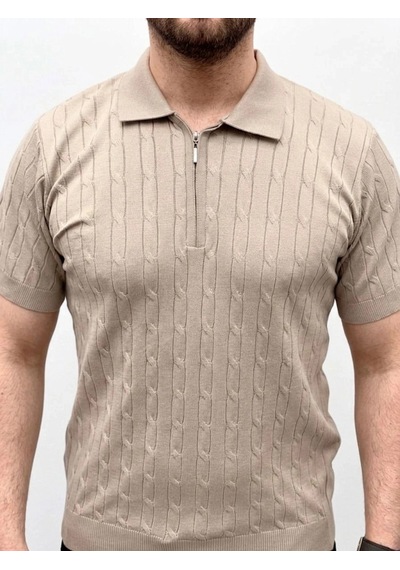 Erkek Yazlık Triko Saç Örgü Tişört Kısa Kol Polo Yaka Fermuarlı T-shirt - Bej