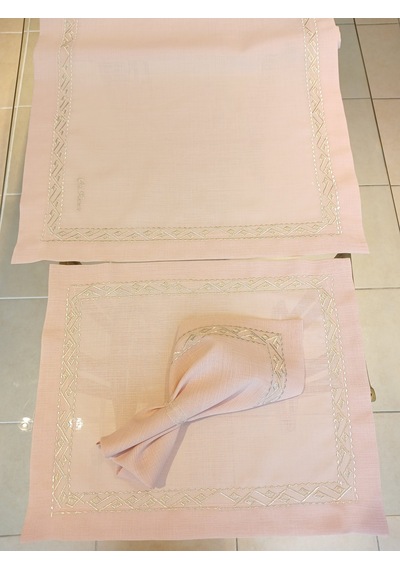 Sim İşlemeli 8 Kişilik Pembe Supla-runer-peçete Takımı Açık Pembe