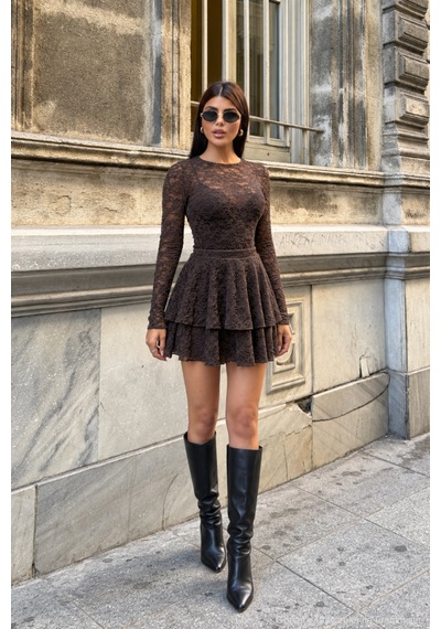 Polo State Kahverengi Dantel Uzun Kollu Bluz Ve Volanlı Mini Etek Takımı