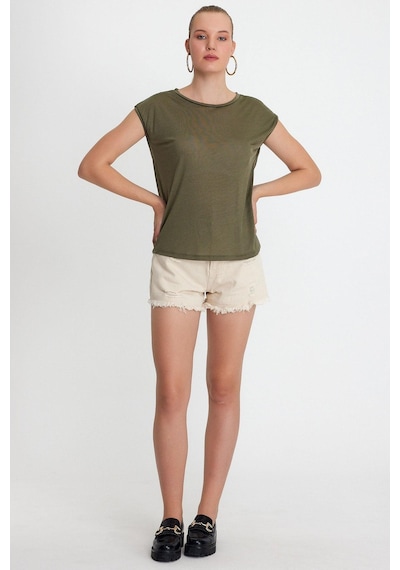 Kadın Tencel Kumaş Bisiklet Yaka T-shırt Haki