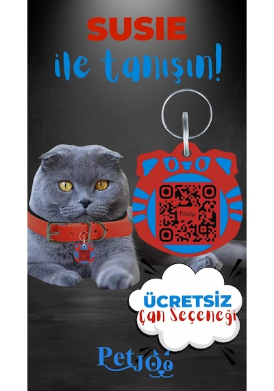 Petjoo 3.Susie Mavi-Kırmızı Qr'lı Kedi Künyesi