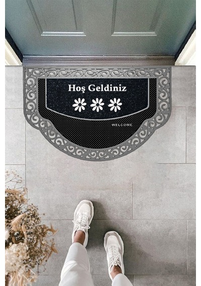 Yarım Ay Modeli Hoş Geldiniz Yazlı Çiçek Desenli Kapı Önü Paspası Gümüş