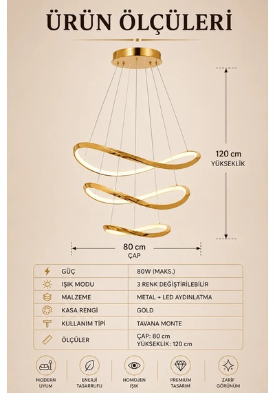 3 Katlı Modern Premium Gold 3 Renkli Ledli Sarkıt Avizesi Salon Mutfak Oturma Odası Modelleri 80w Beyaz