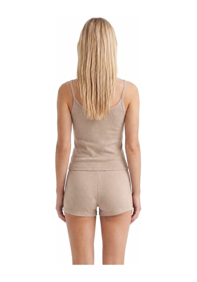 Cottonill Premium - Neat Collection Bej Rib Dokulu İnce Askılı Modal Viskon Şortlu Kadın Pijama Takımı