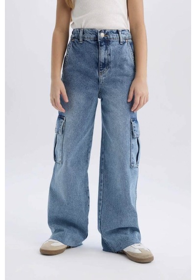 Defacto Wide Leg Kargo Geniş Bol Paça Mavi Kız Çocuk Jean Pantolon D7089a8/nm39 Mavi