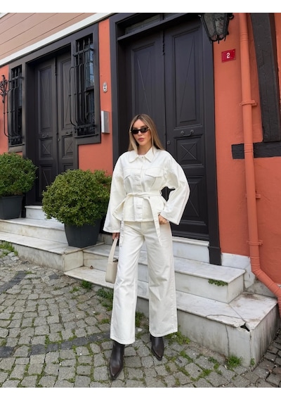 Kahverengi Yıkamalı Bağlamalı Denim Ceket Pantolon Takım