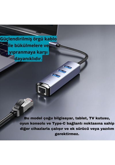 Polham Jazos 4in1 Type C To 1x 5gbps Rj45 Ve 3x Usb Çoğaltıcı Okuyucu Adaptör, Klavye, Mouse Okuyucu Siyah