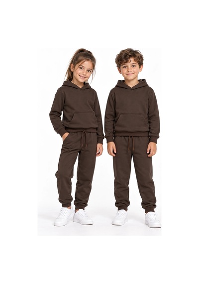 Rony Pony Kids Unisex Kız Erkek Çocuk Kahverengi 2 İplik Kapüşonlu Kanguru Cepli Eşofman Takımı