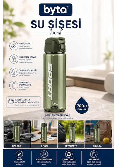 Kilitli Kapaklı Spor Su Şişesi, 700 Ml Çok Renkli