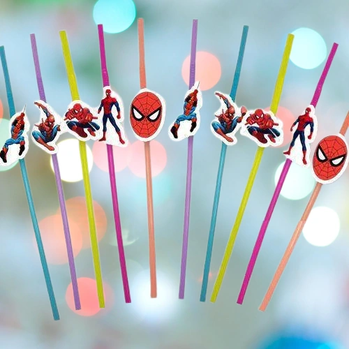 Pipet Lisanlı Spideman Temalı 10 Lu Artistik Körüklü Pipet Doğum Günü Masa Dekarasyonu +3