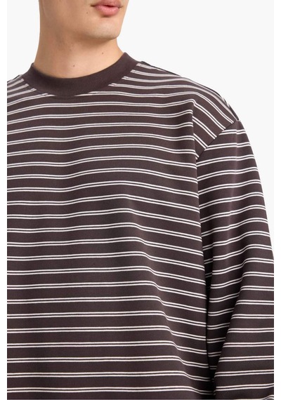 Defacto Relax Fit Bisiklet Yaka Çizgili Sweatshirt E9408ax25aubn339 Kahve