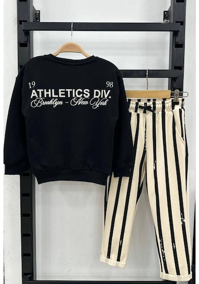 Lolliboomkids Erkek Çocuk Siyah Beyaz Çizgili 3ip Sweatshirt - Bel Ayarlı Eşofman Alt Üst Takım 2 Parça Siyah Lolliboomkids Erkek Çocuk Siyah Beyaz Çizgili 3ip Sweatshirt - Bel Ayarlı Eşofman Alt Üst Takım 2 Parça Siyah