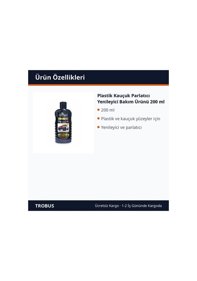 Trobus Plastik Kauçuk Parlatıcı Yenileyici Bakım Ürünü 200 Ml