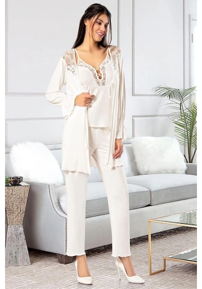 Faal 8903 Kadın Sabahlıklı Pijama Takımı-ekru Ekru