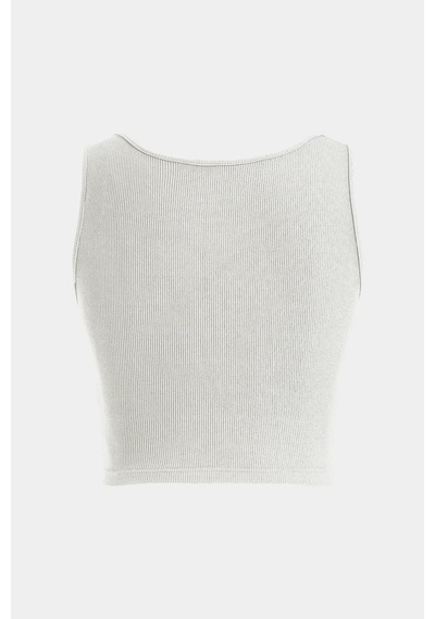 Hiccup Düz Renkli Fitilli Ön Kıvrık Crop Top Beyaz