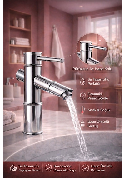Viosa Lüx Premium Krom Bambu Model Modern Banyo Lavabo Bataryası Çeşmesi Musluğu Siyah