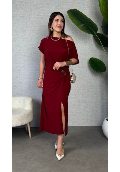 Efnaz Style Kadın Kısa Kollu Tek Omuzdan Açık Beli Lastikli Sandy Maxi Elbise Bordo