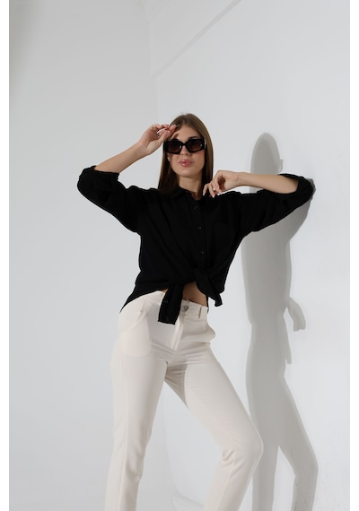 Oversize Basic Müslin Gömlek Siyah