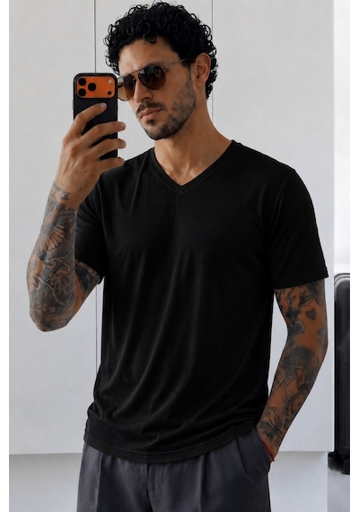 Tarz Cool Erkek Flamlı Pamuklu V Yaka Basic Slim Fit Tişört Yazlık Günlük Şık Tişört Siyah