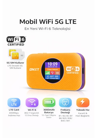 5g Mobil Wifi Modem Taşınabilir Router Wifi 6 Destekli 300mbps 3000mah Bataryalı Sım Kartlı Hotspot
