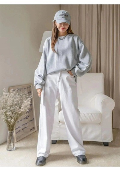 Novalisse Kadın 3 İplik Pamuklu Oversize Yarım Fermuarlı Yakalı Basic Sweatshirt - Gri Çoklu Renk