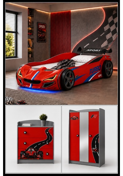 Formula Genç Odası, 3 Kapılı Dolap, Turbo Gtı Arabalı Yatak, Şifonyer - Kırmızı