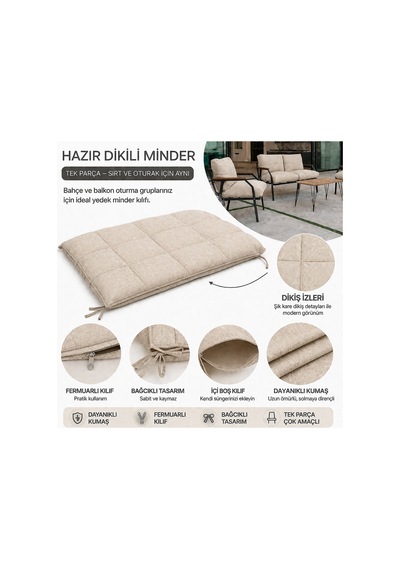 Bahçe & Balkon Koltuk Minderi 55x95 Sırt Ve Oturak Uyumlu Tek Parça Minder Bej