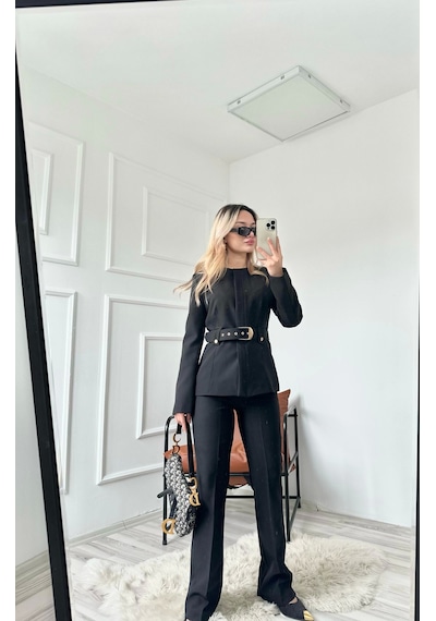 Keymoda Kadın Gold Kemerli Ceket Pantolon Takım Siyah Siyah