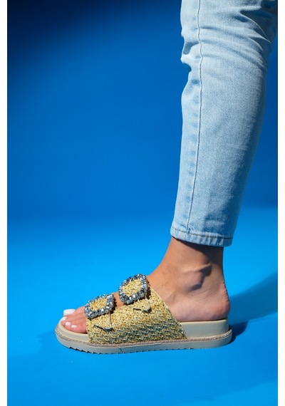 Luvishoes Dungeon Bej Hasır Çift Bantlı Taş Tokalı Kadın Terlik Bej