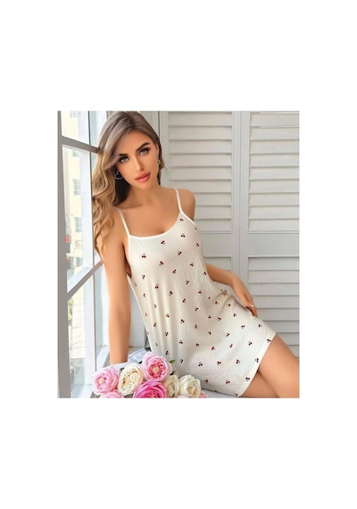 Miss Melly İp Askılı Kiraz Desen Şık Penye Gecelik Beyaz