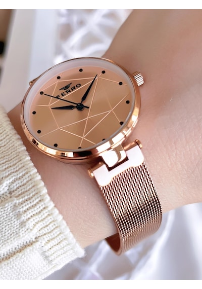 Ferro Hasır Kordonlu Rose Gold Kararmaz Renk Atmaz 3 Atm Özel Tasarım Kadın Kol Saati Bf40-087