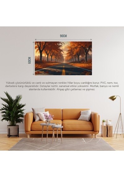 Doğa Ve Manzara Yatay Sonbahar Ağaçlarının Arasında Ufka Doğru Uzanan Yalnız Yol 02 Çerçevesiz 90x60cm Pvc Tablo