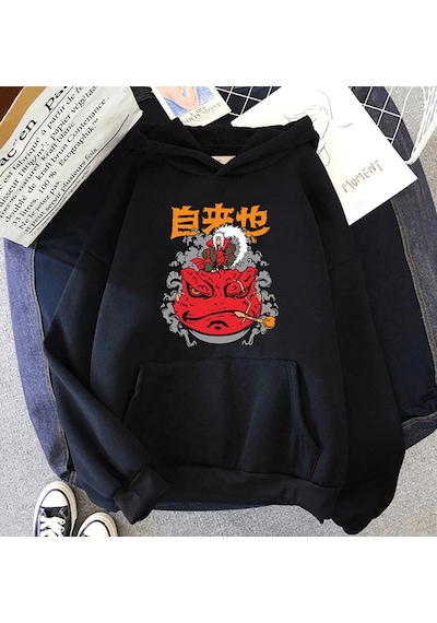 Anime Jiraiya Kapşonlu Sweatshirt Siyah
