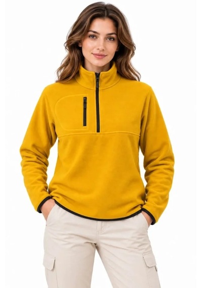 Butik İstanbul Polar Dik Yaka Yarım Fermuarlı Fermuarlı Göğüs Cepli Regular Fit Kışlık Sweatshirt - Hardal Sarısı